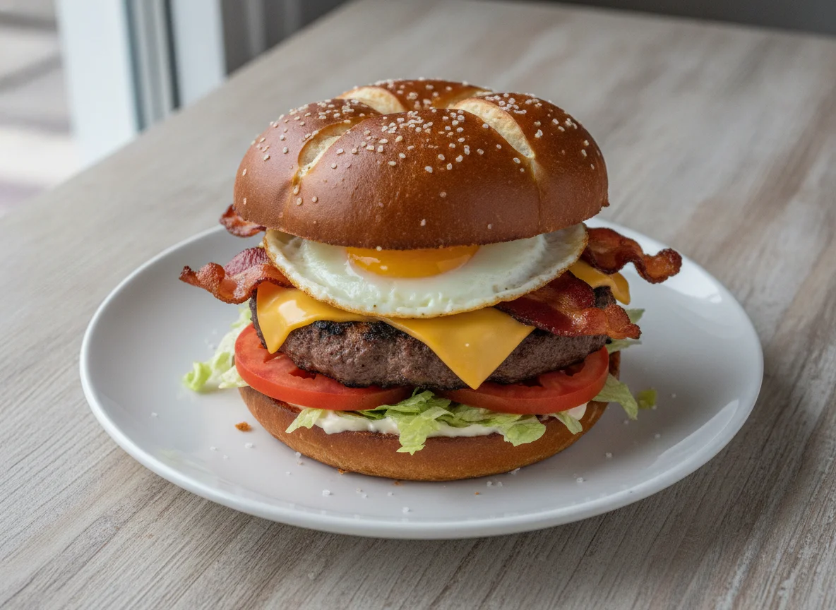 Bacon Egg and Cheese Pretzel Burger photo