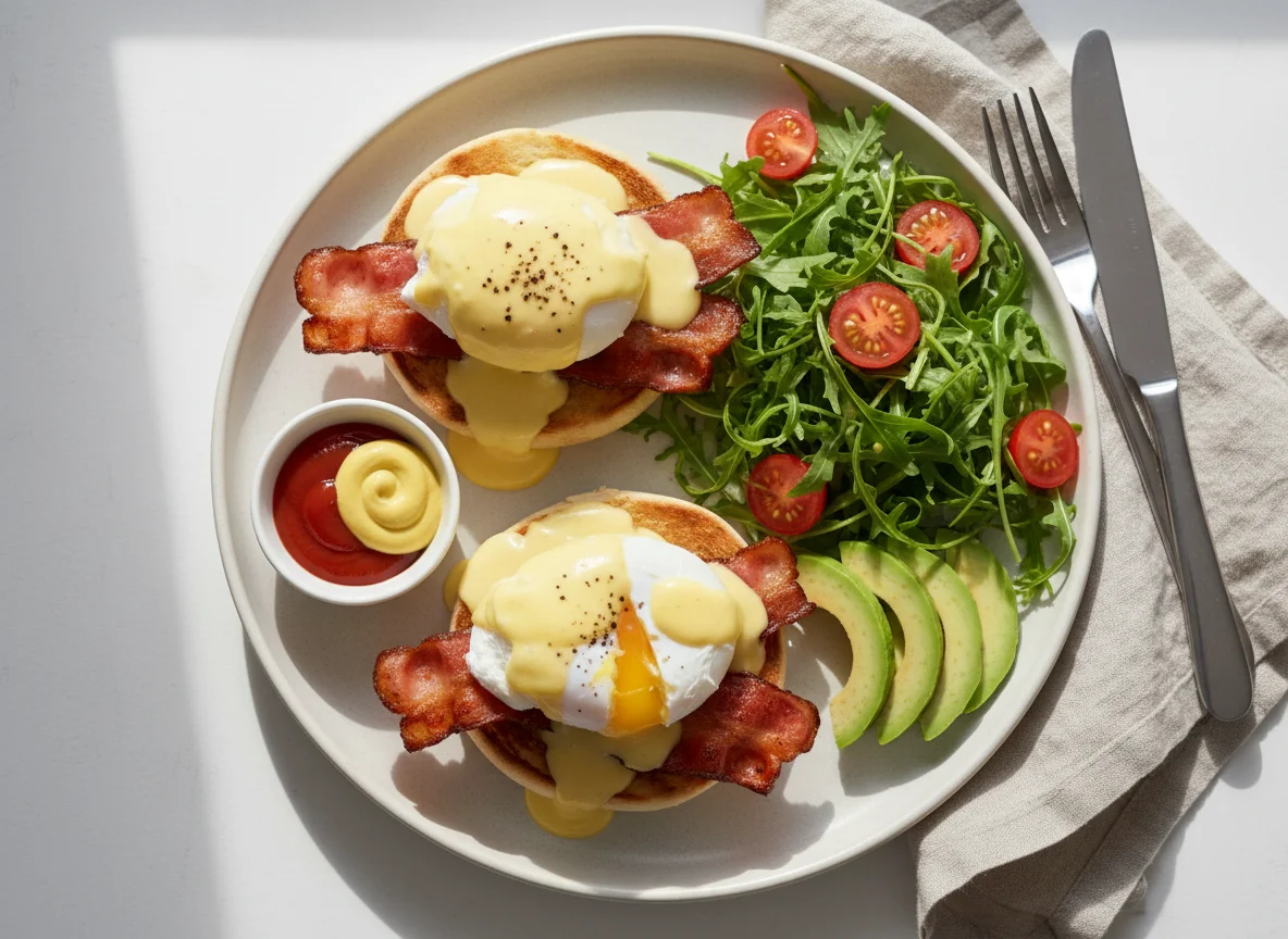 Bacon Eggs Benedict with Side Salad and Sauces photo