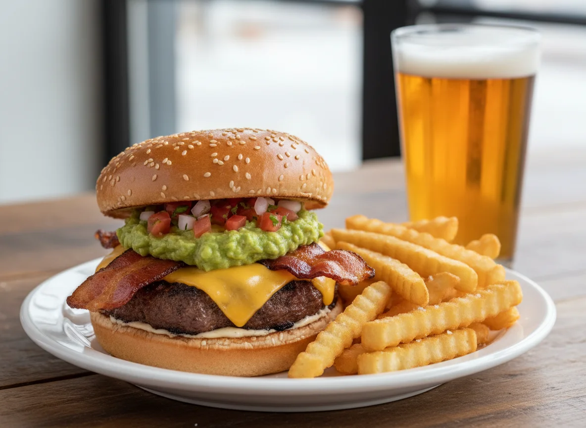Bacon Guacamole Cheeseburger with Fries and Beer photo