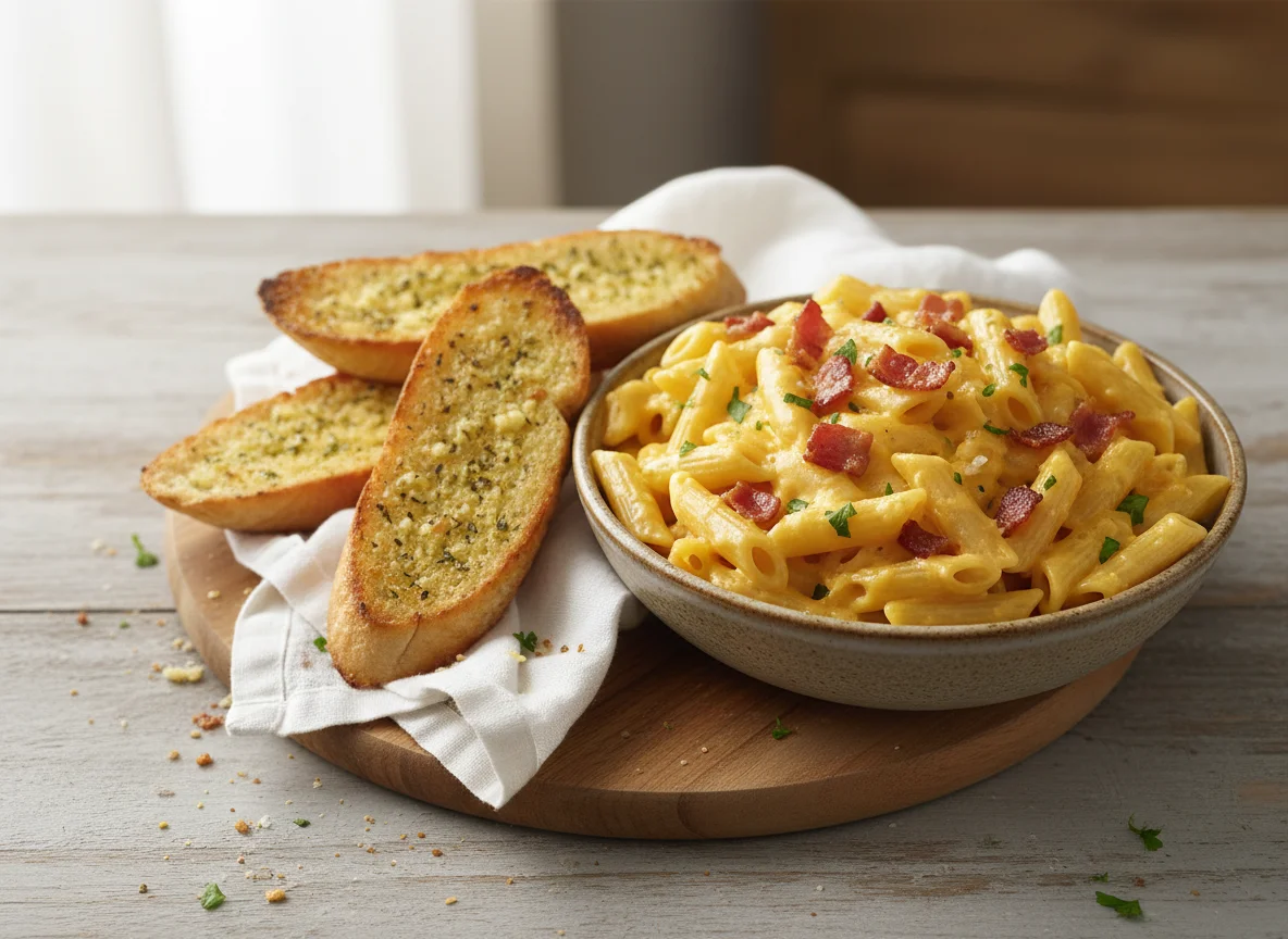 Bacon Mac and Cheese with Garlic Bread photo