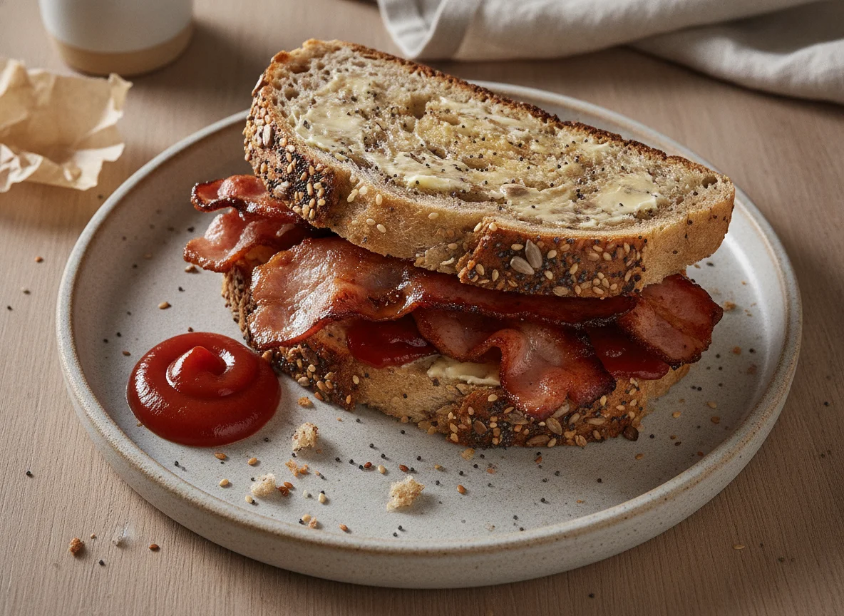 Bacon sandwich on seeded bread photo