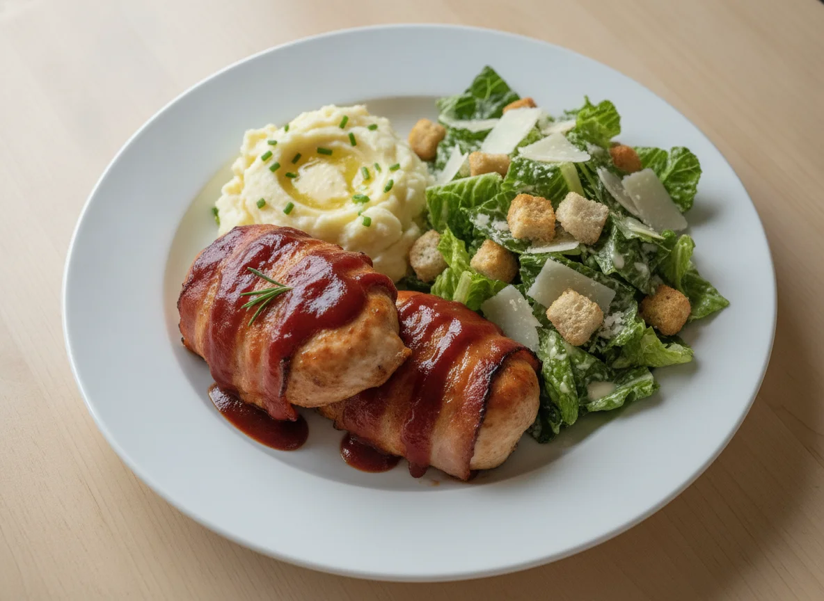 Bacon Wrapped Chicken with Mashed Potatoes and Caesar Salad photo