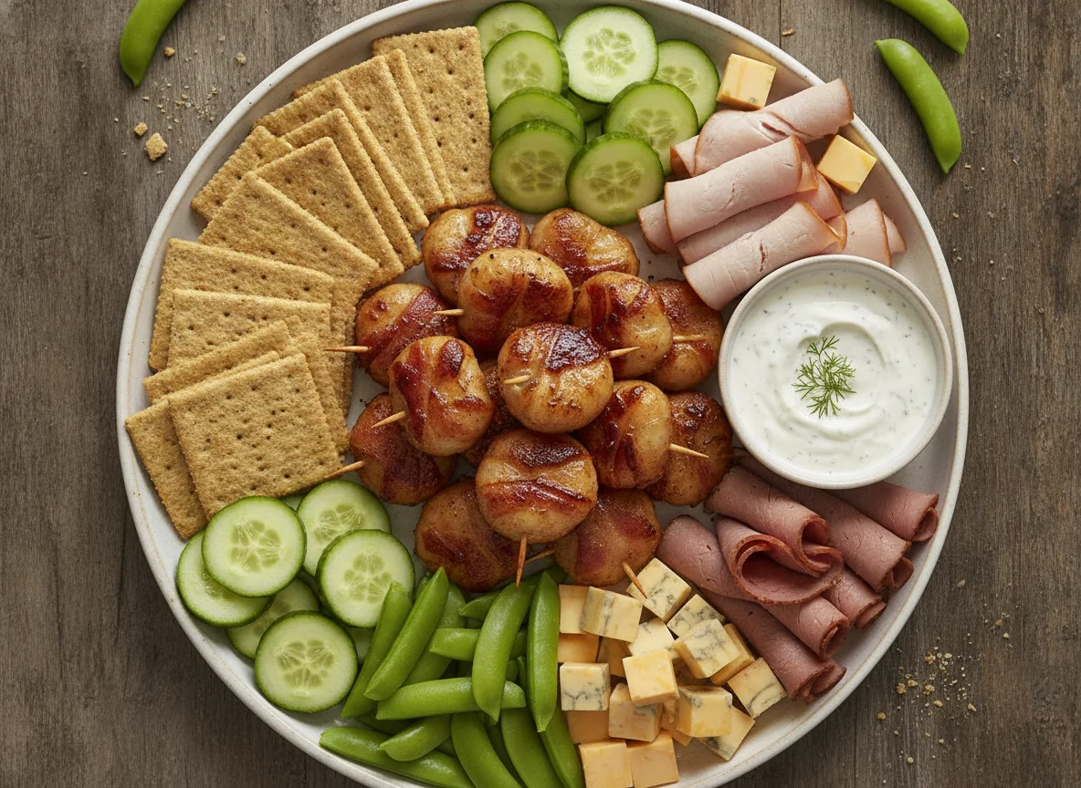 Bacon Wrapped Water Chestnuts with Crackers and Vegetables photo