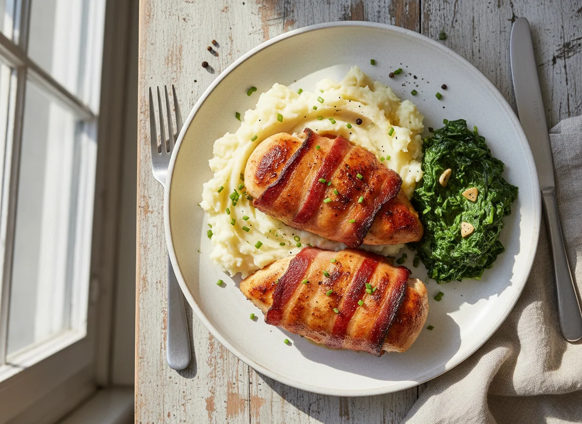 Bacon-wrapped chicken with mashed potatoes and spinach photo