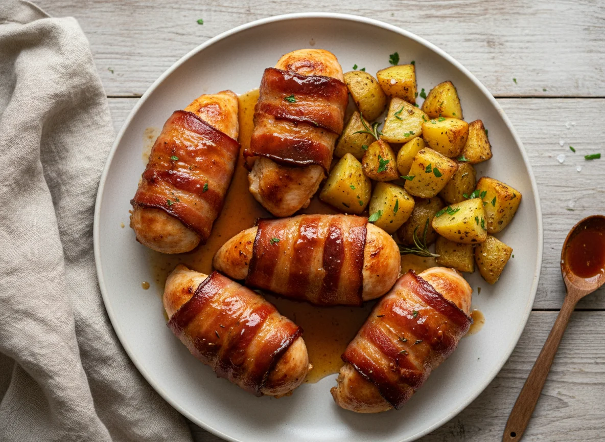 Bacon-wrapped chicken with roasted potatoes photo