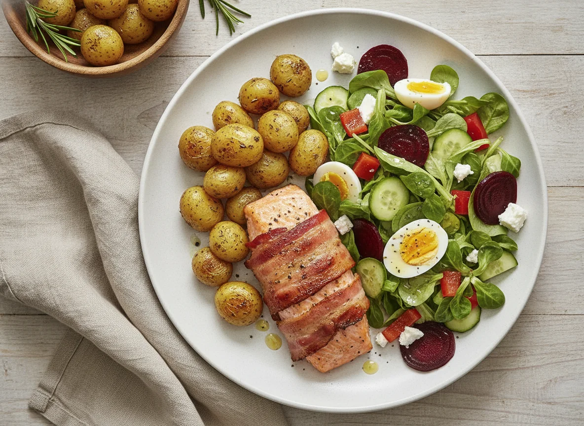 Bacon-wrapped salmon with roasted potatoes and mixed salad photo