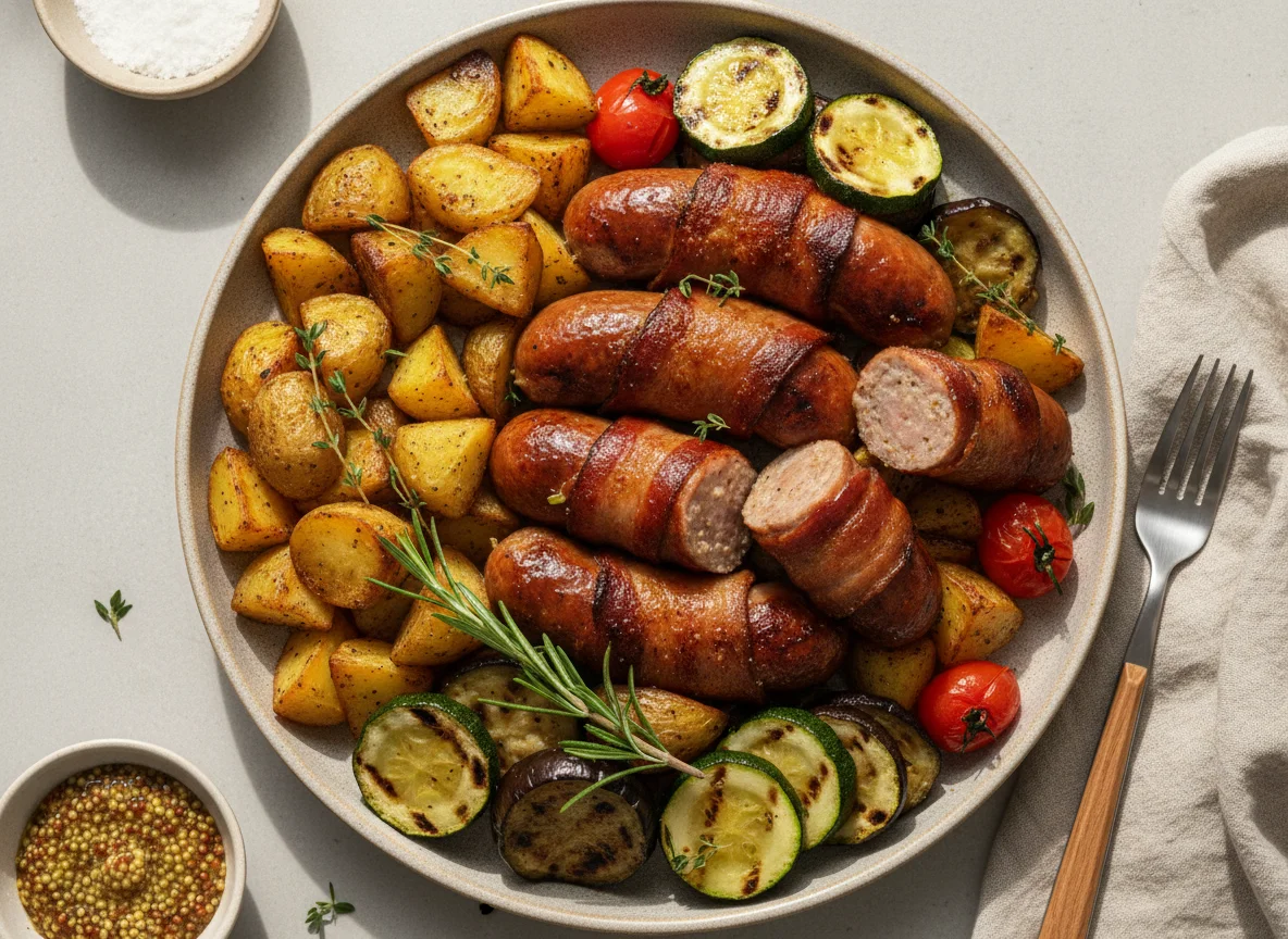 Bacon-wrapped sausage with roasted vegetables and potatoes photo