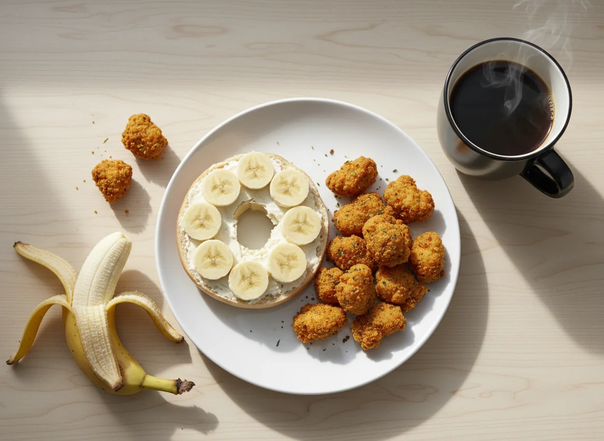 Bagel with banana, chicken bites and black coffee photo