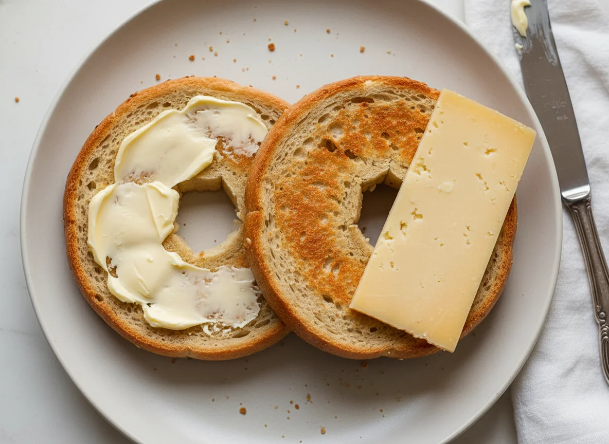 Bagel with butter and cheese photo
