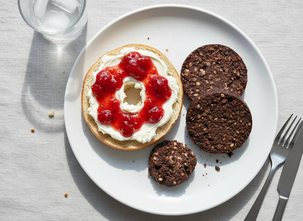 Bagel with cheese and jam, and blood pudding photo