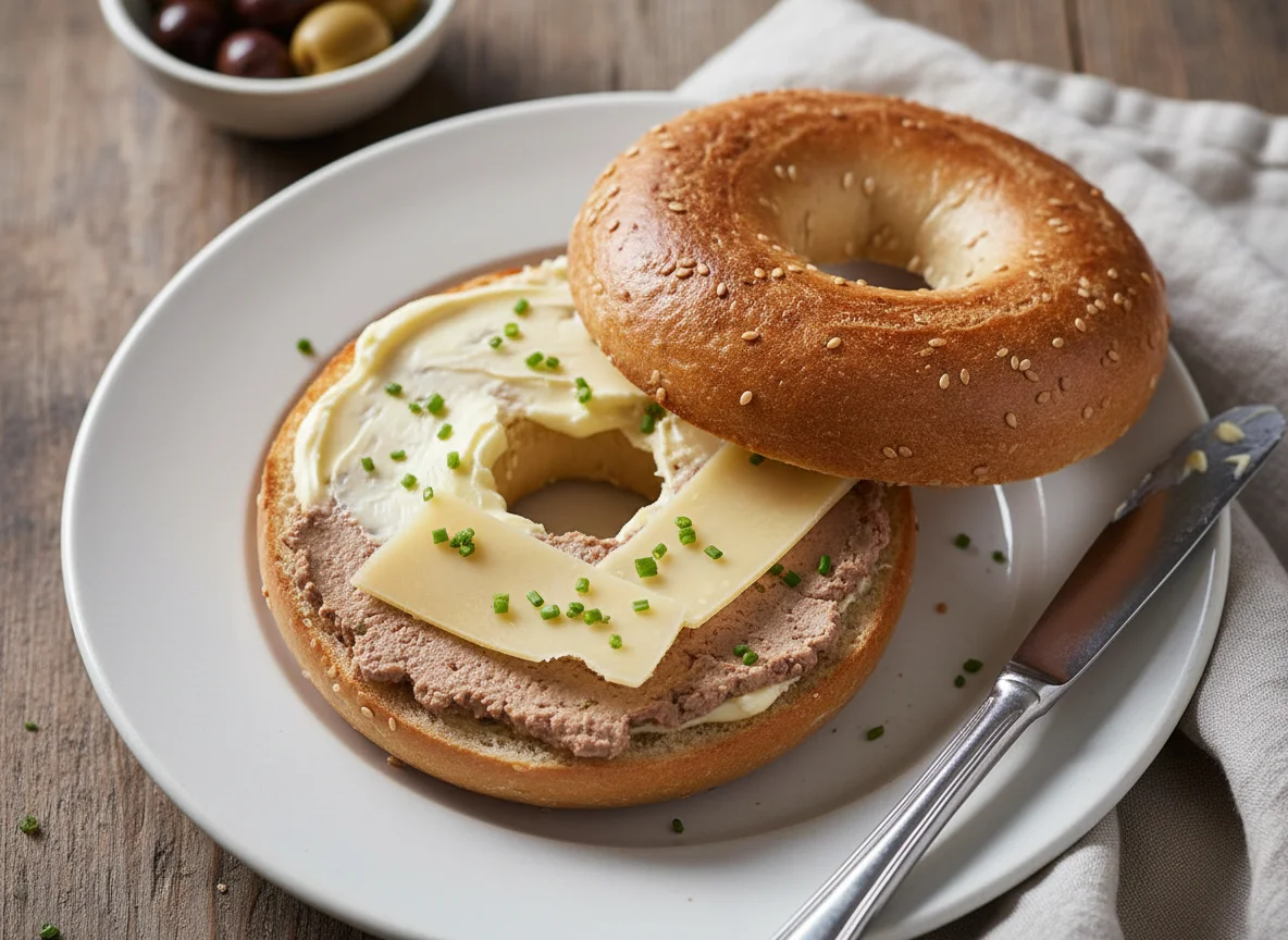 Bagel with Cheese and Liver Pâté photo
