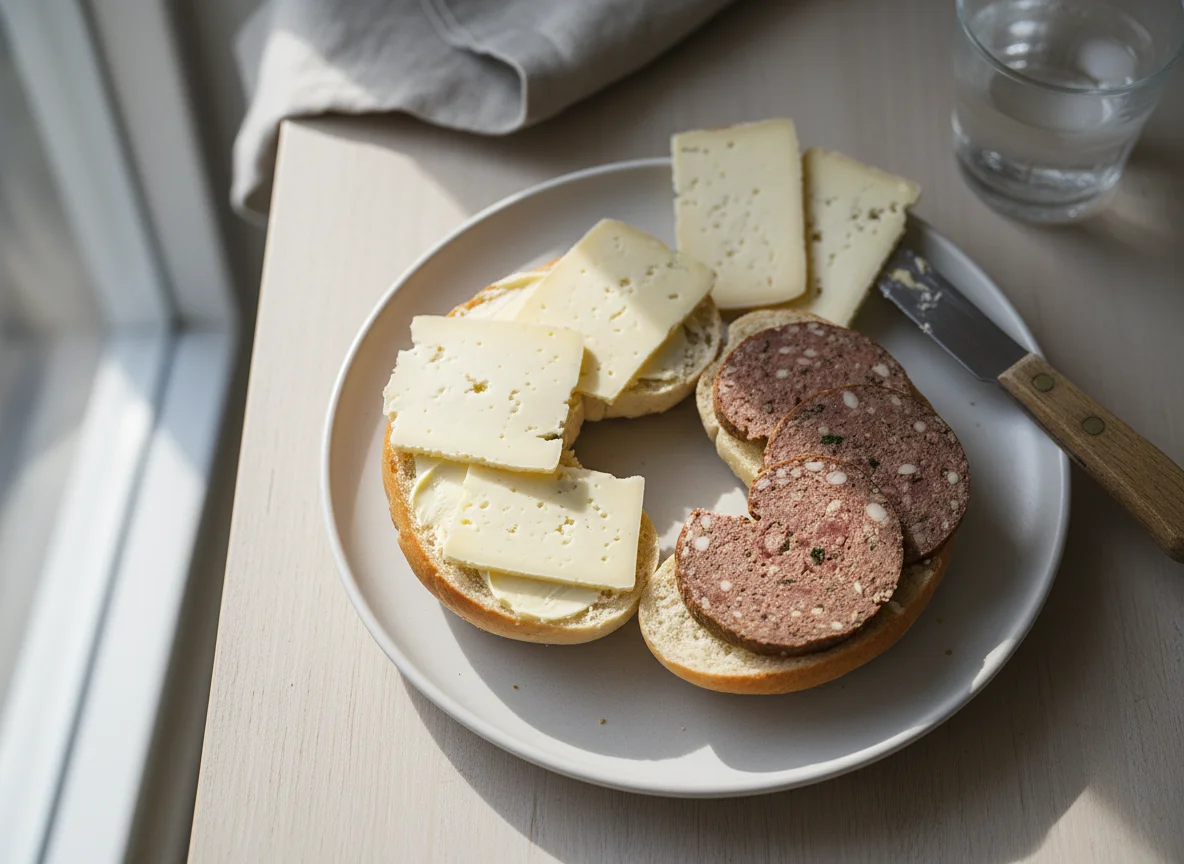 Bagel with cheese and liver sausage photo
