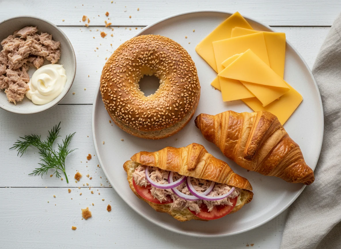 Bagel with cheese and tuna croissants photo