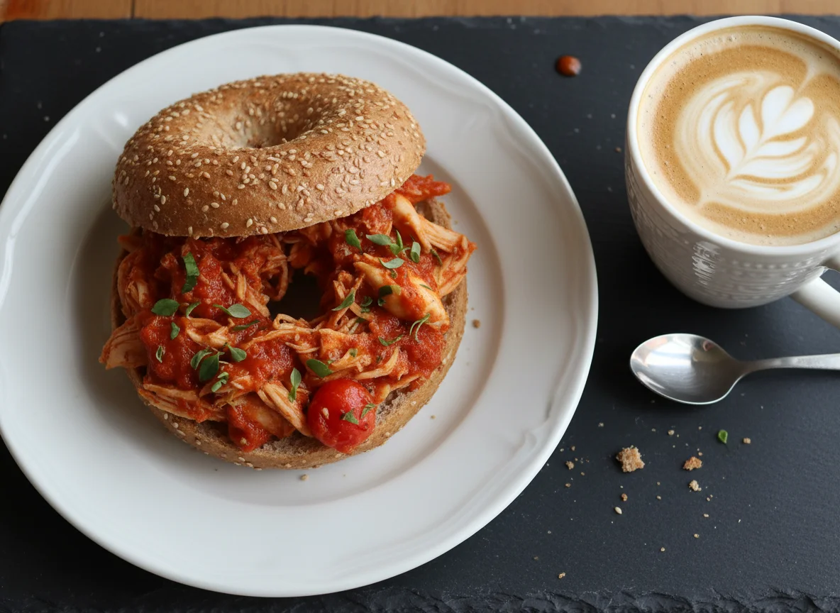 Bagel with Chicken in Tomato Sauce and Coffee photo