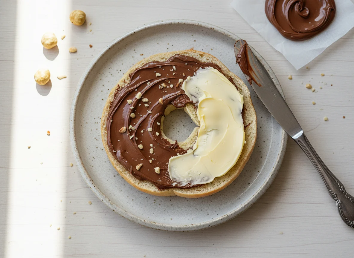 Bagel with Chocolate Hazelnut Spread and Butter photo