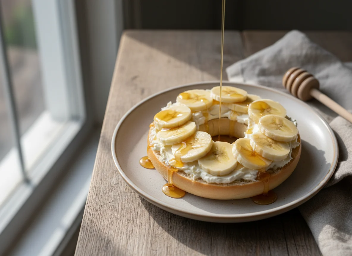 Bagel with Cream Cheese, Sliced Banana and Honey photo