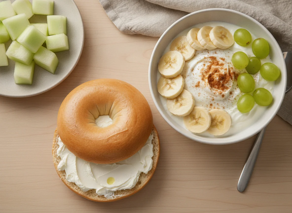 Bagel with cream cheese, yogurt bowl with banana, and fruit photo