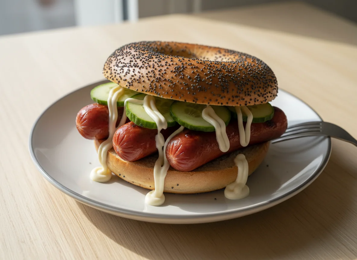 Bagel with hot dogs, cucumber, and mayonnaise photo