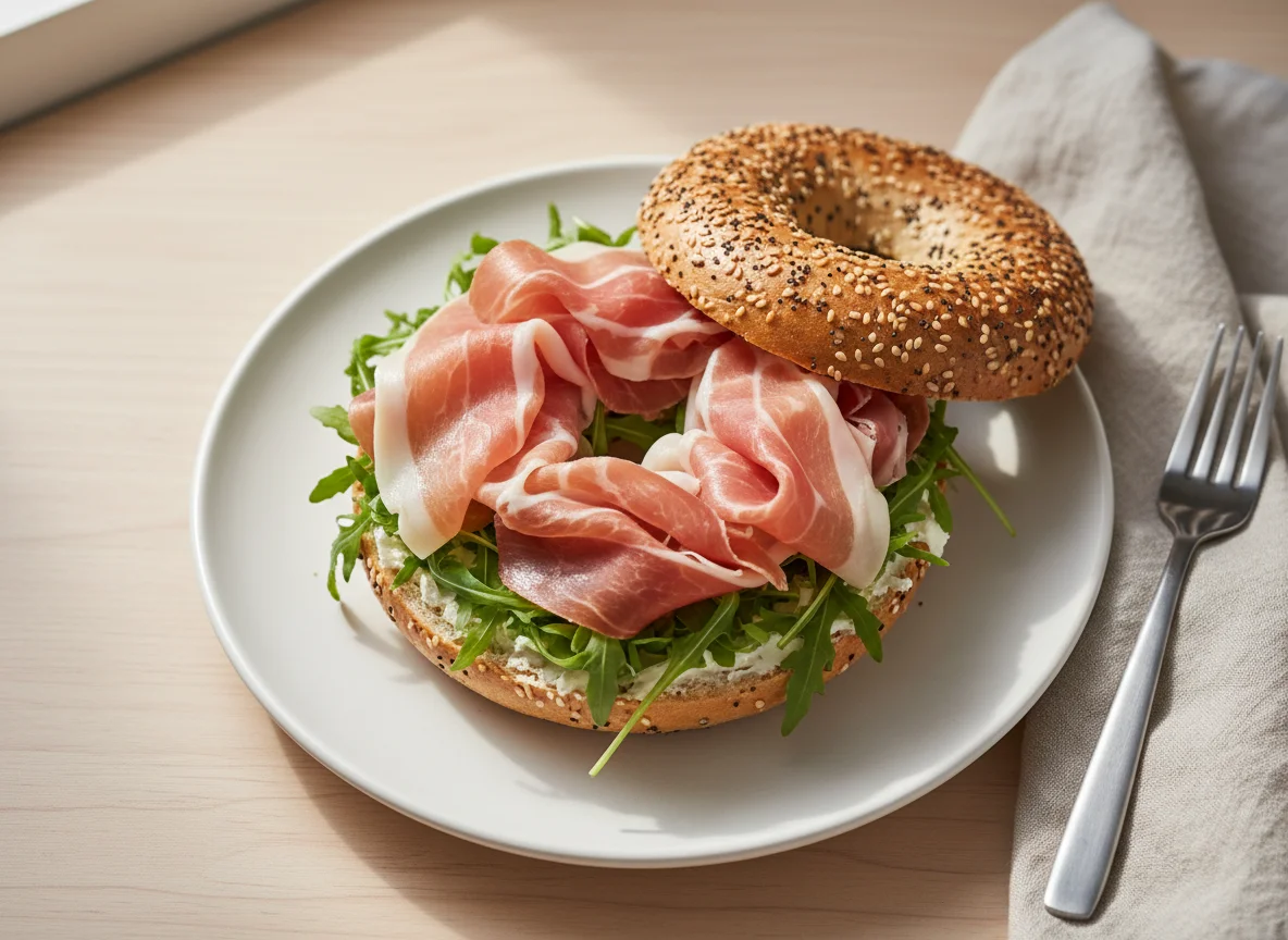 Bagel with Parma Ham and Arugula photo