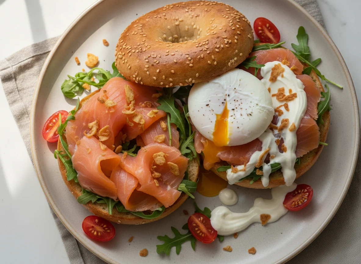 Bagel with Salmon and Poached Egg photo