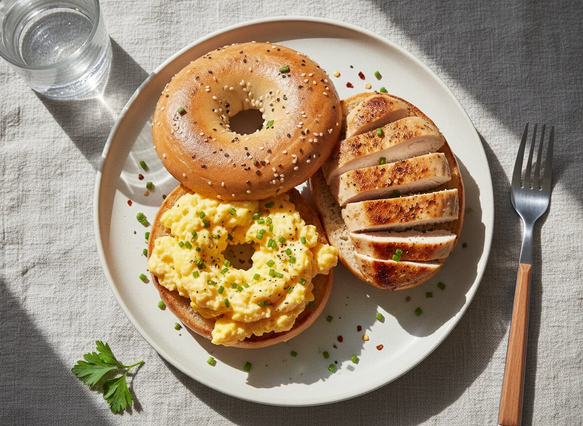 Bagel with Scrambled Eggs and Chicken photo