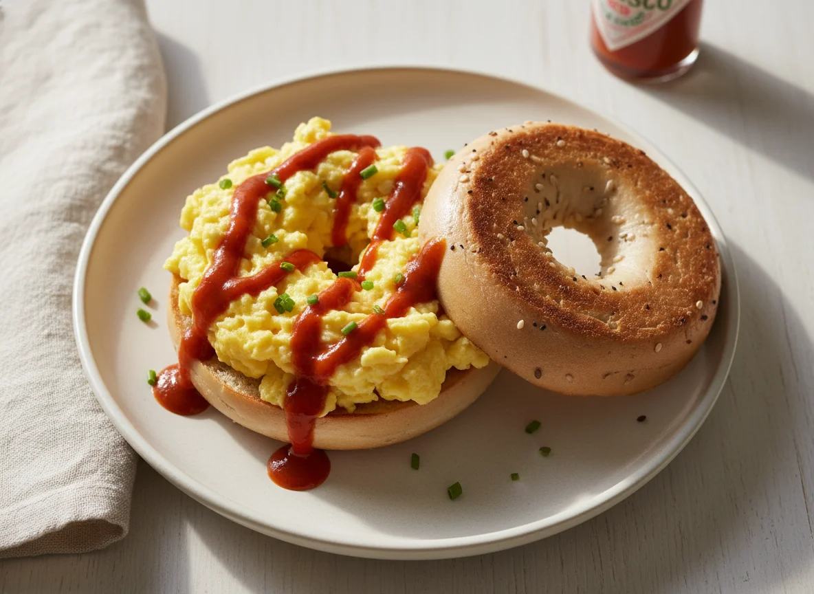 Bagel with Scrambled Eggs and Hot Sauce photo