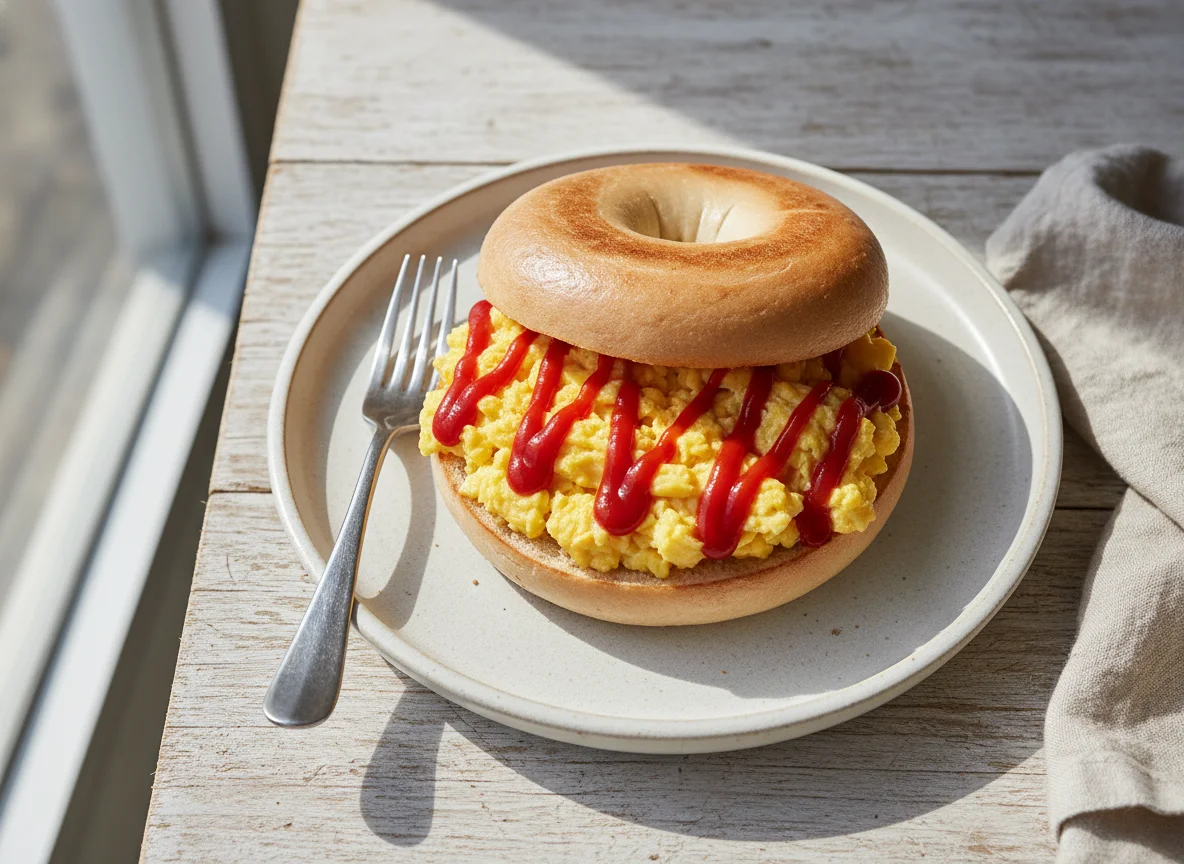 Bagel with Scrambled Eggs and Ketchup photo