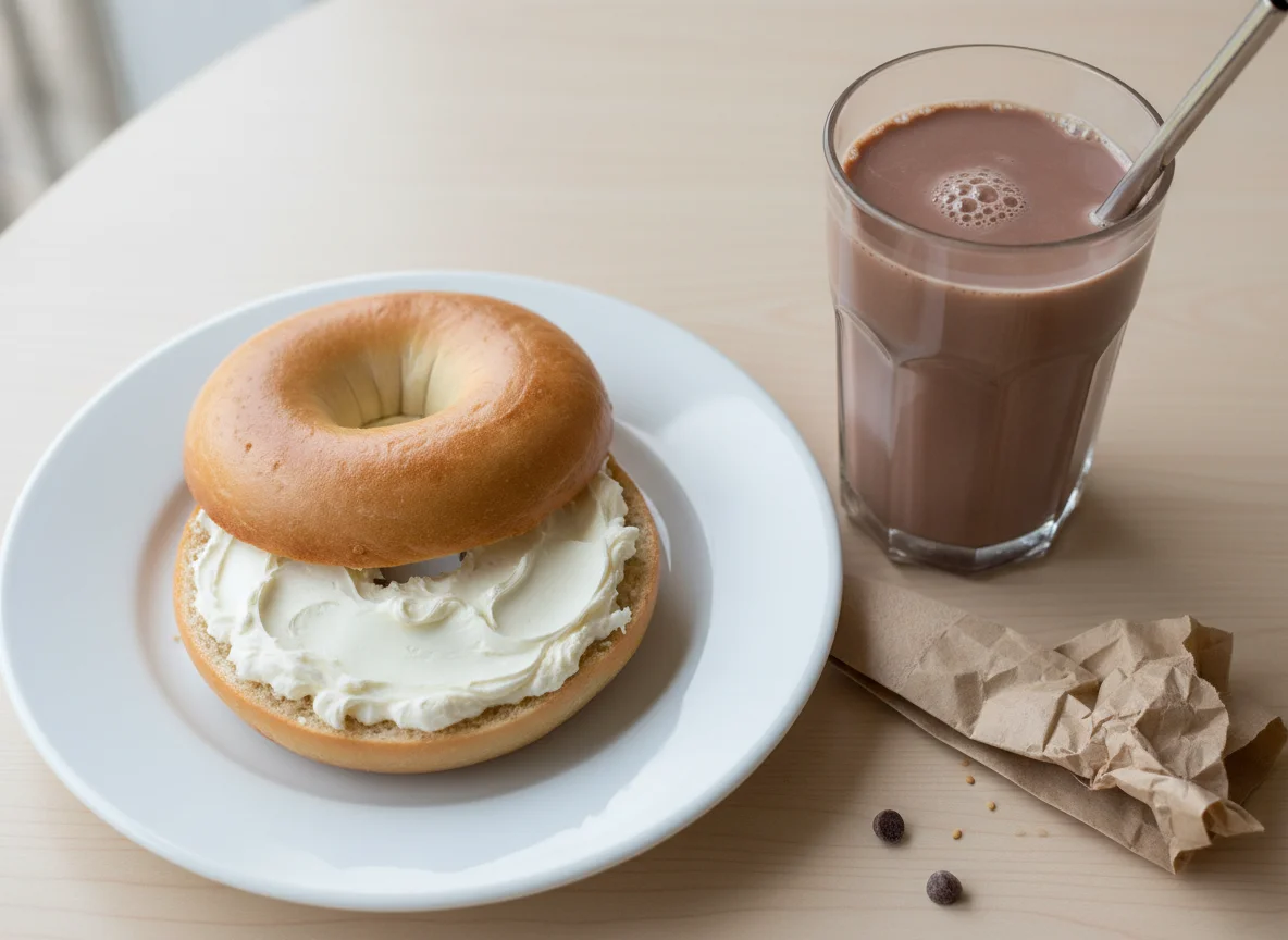 Bagel with Spread and Chocolate Milk photo