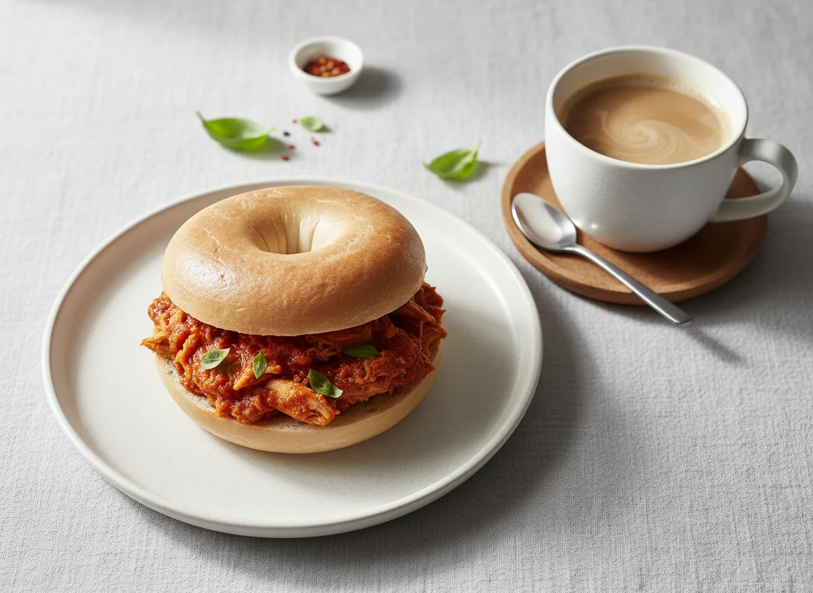 Bagel with stewed chicken and coffee photo