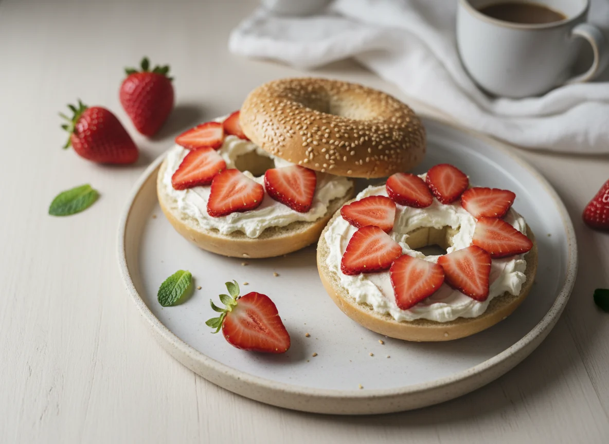 Bagels with Cream Cheese and Strawberries photo