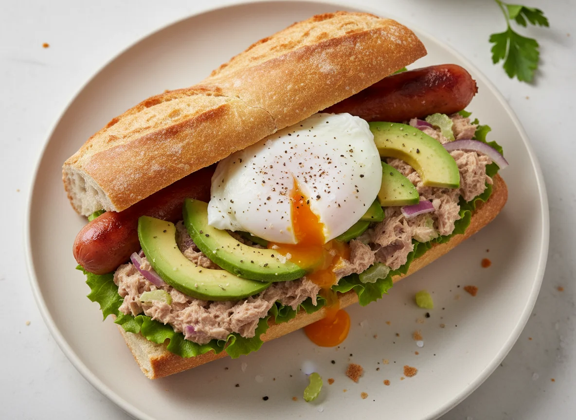 Baguette sandwich with avocado, sausage, and poached egg photo