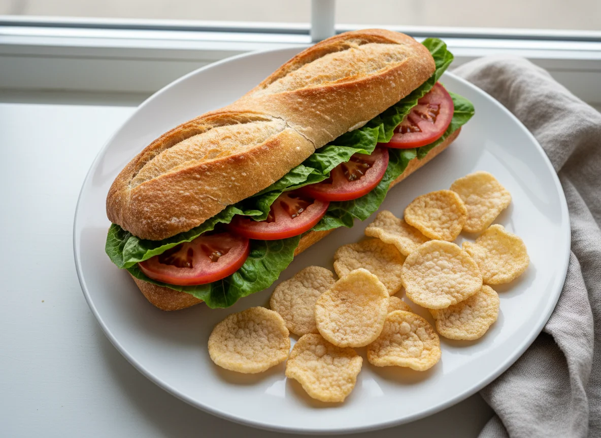 Baguette sandwich with crisps photo