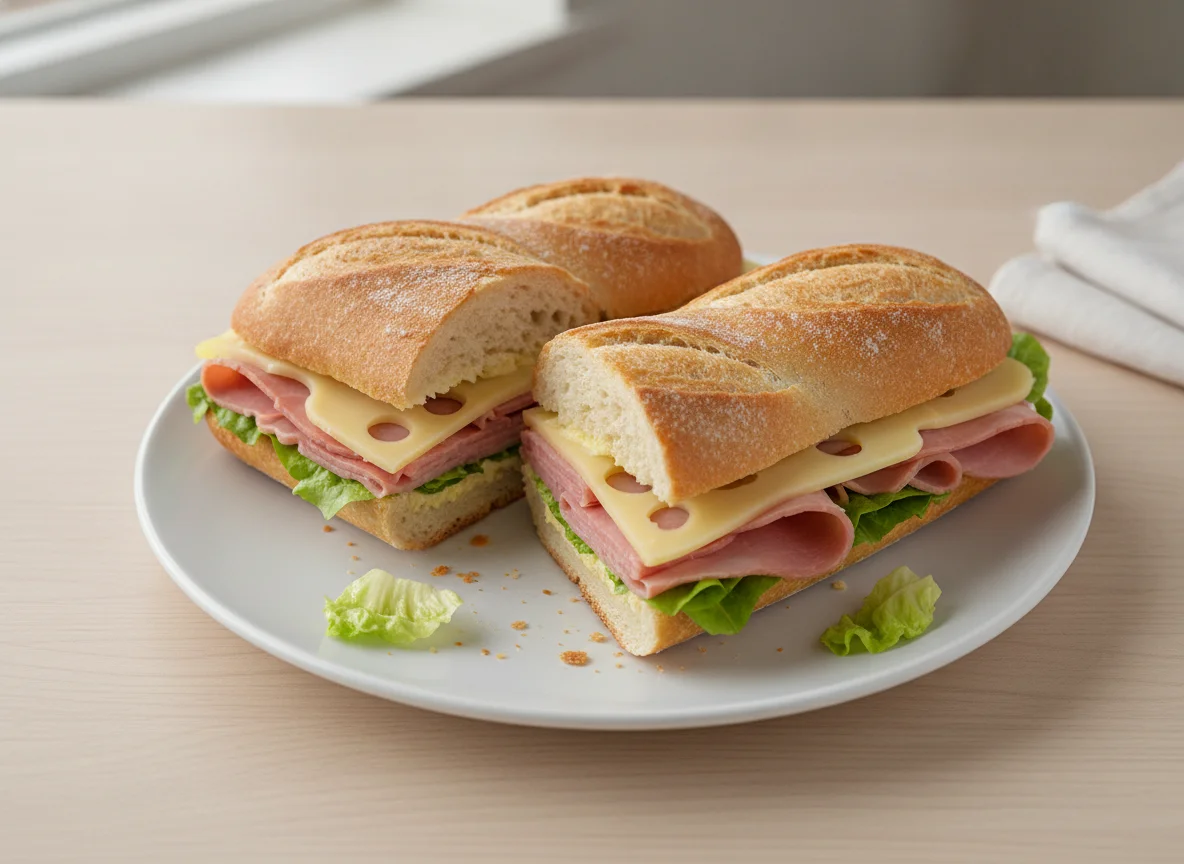 Baguette sandwich with ham and cheese photo
