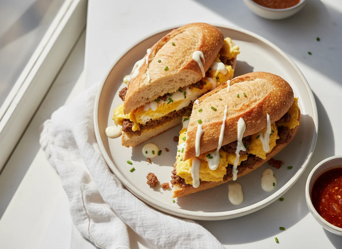 Baguette sandwich with scrambled eggs, ground meat, and sauce photo