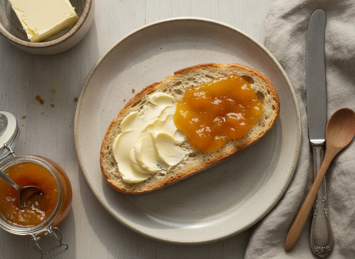 Baguette with butter and apricot jam photo