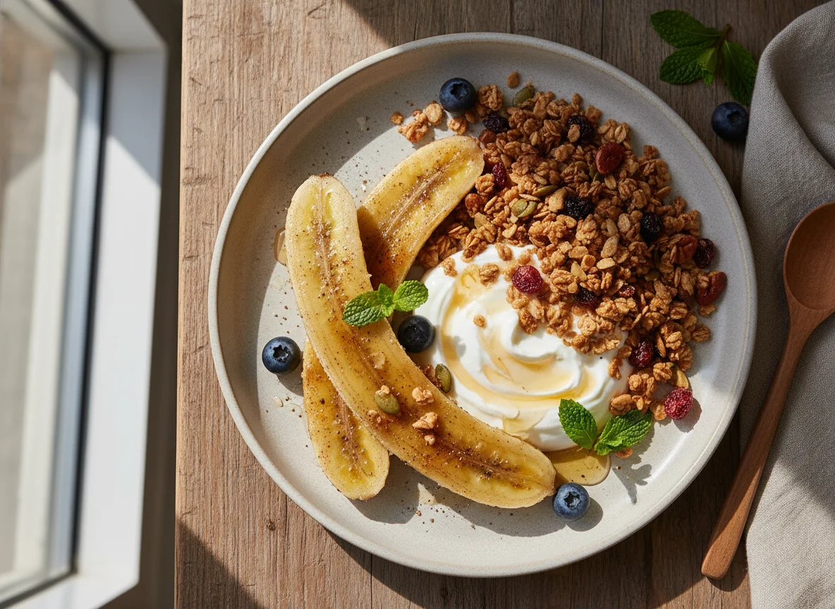 Baked Bananas with Yogurt and Granola photo