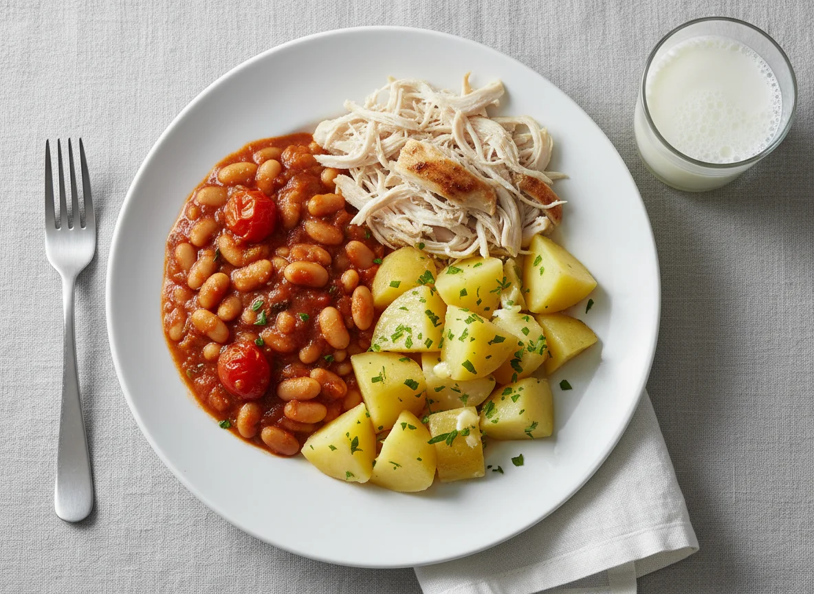 Baked Beans, Potatoes, and Shredded Meat with Milk photo