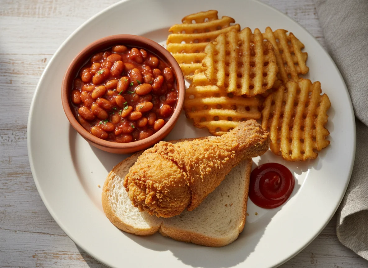 Baked Beans, Waffle Fries, and Fried Chicken with Bread photo