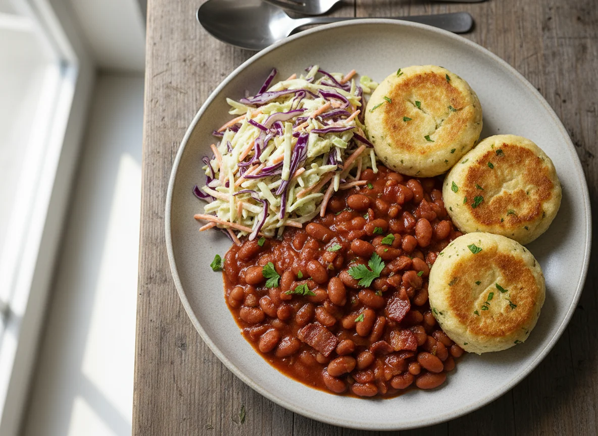 Baked Beans with Coleslaw and Dumplings photo