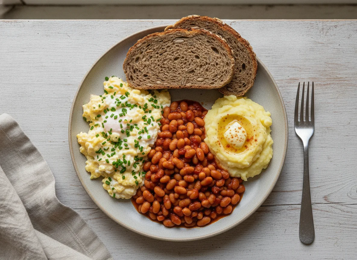 Baked beans with scrambled eggs and rye bread photo