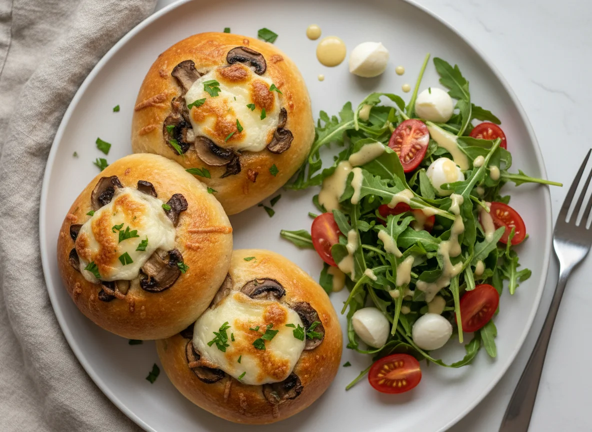 Baked buns with mushrooms and cheese, served with arugula salad photo
