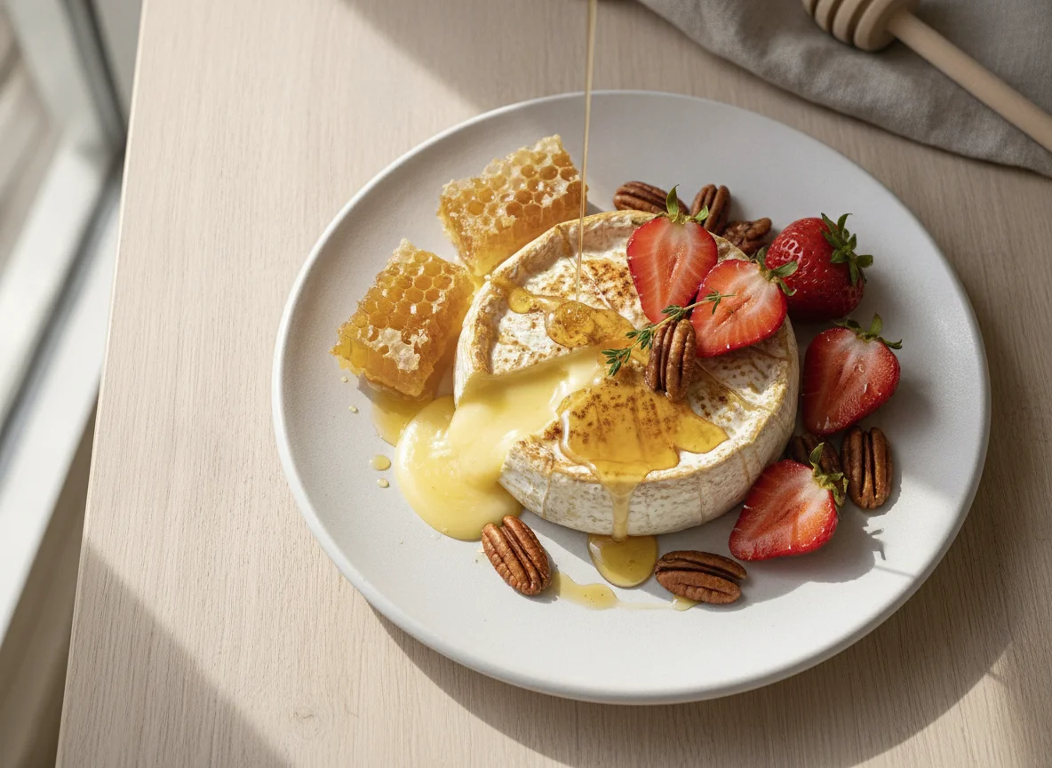 Baked Camembert with fresh strawberries, honey, and pecans photo