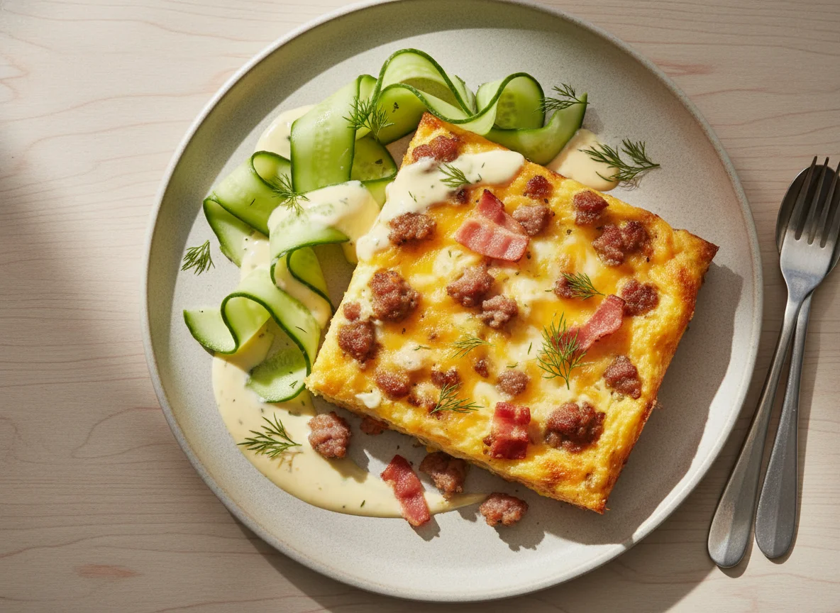 Baked casserole with cucumber and sauce photo