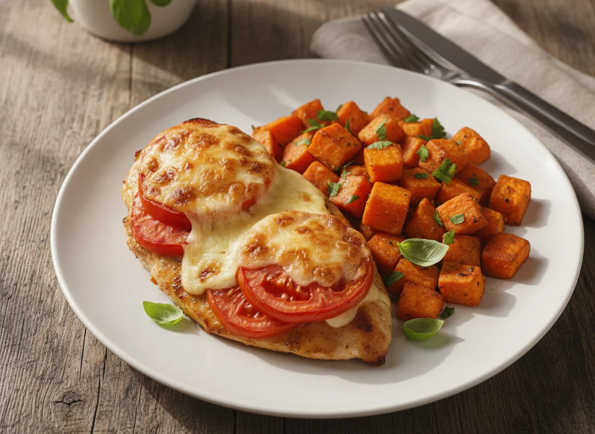 Baked chicken breast with tomato and cheese photo
