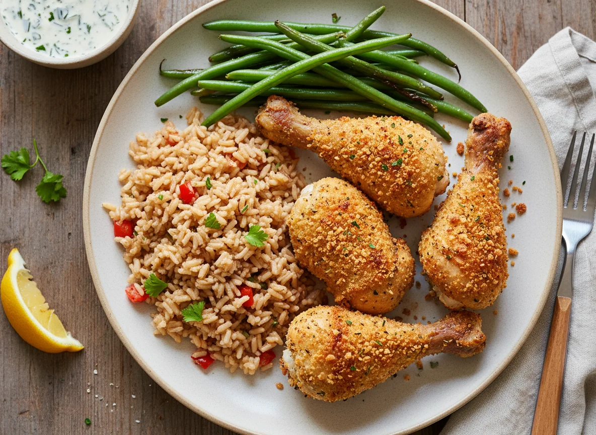 Baked Chicken Drumsticks with Brown Rice and Green Beans photo