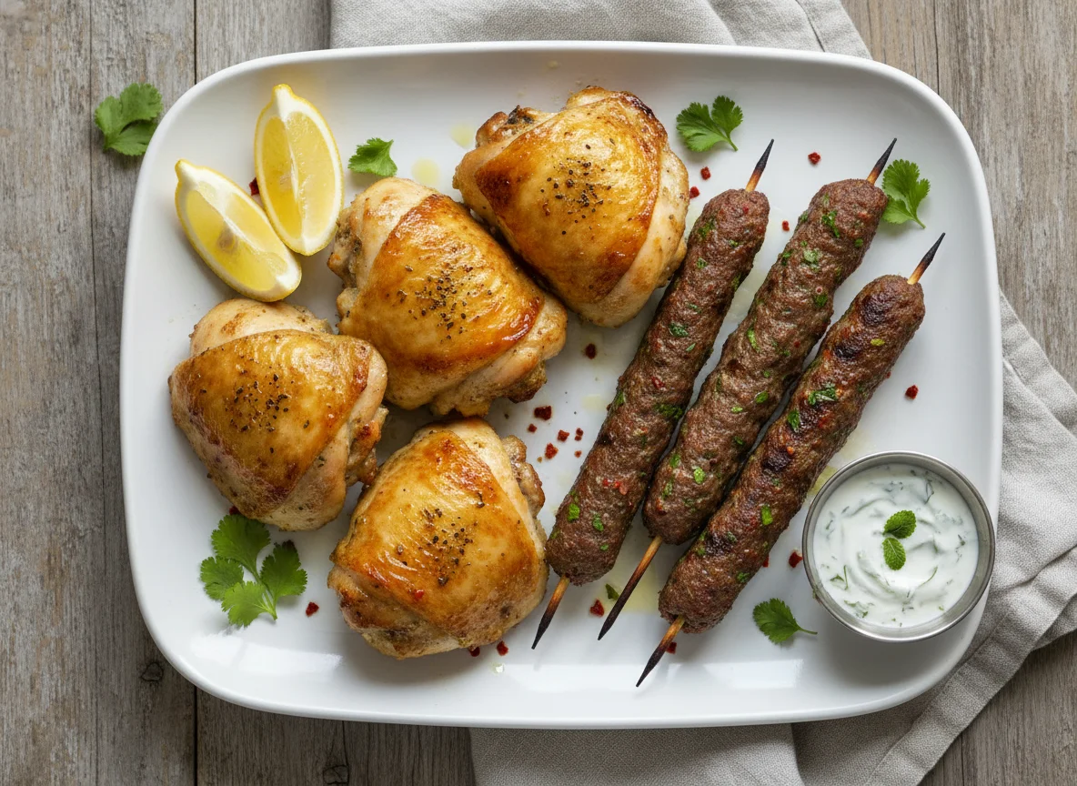 Baked Chicken Thighs and Minced Meat Skewers photo