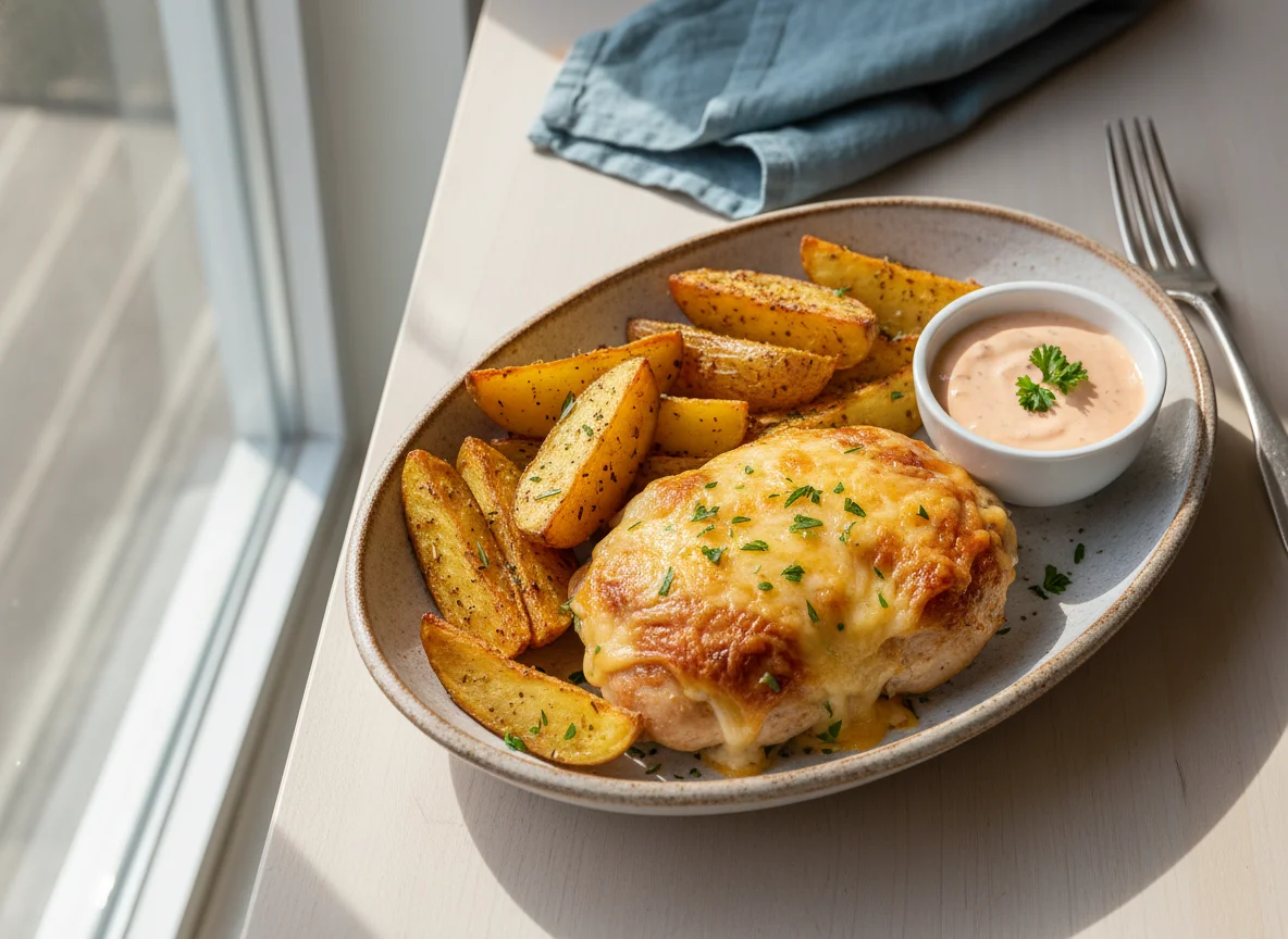 Baked chicken with cheese and potatoes with sauce photo