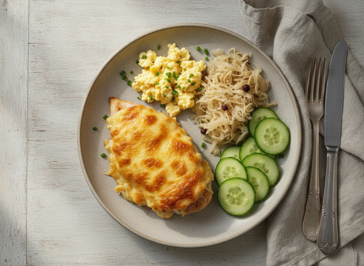Baked chicken with scrambled eggs, sauerkraut, and cucumber photo