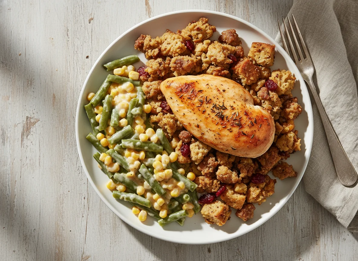 Baked Chicken with Stuffing and Creamed Vegetables photo