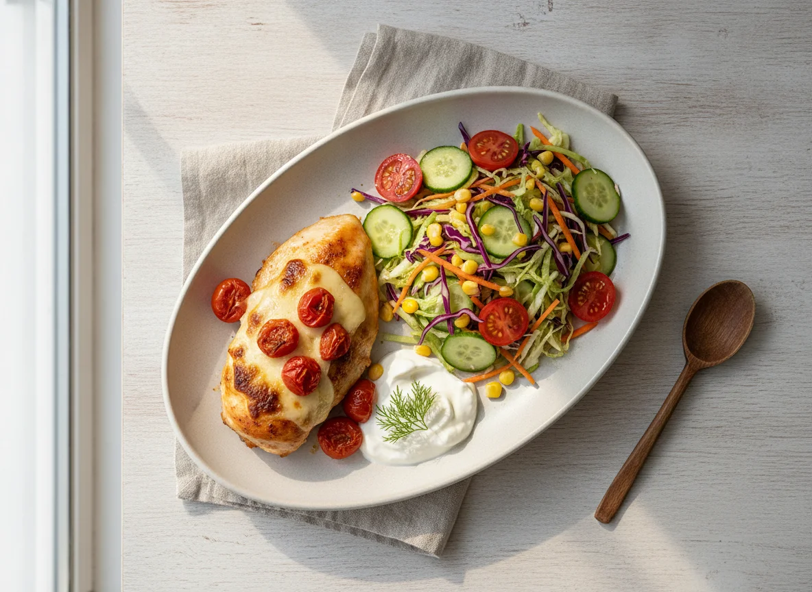 Baked chicken with vegetable salad and sour cream photo